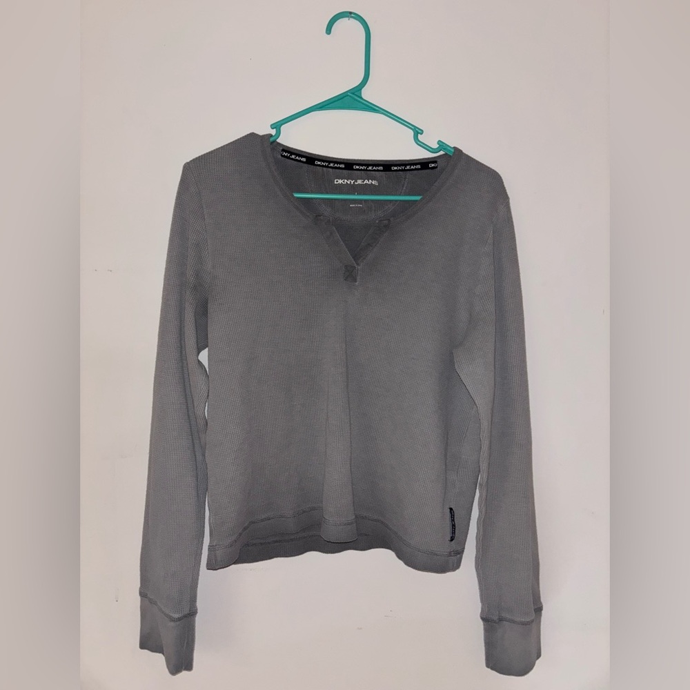 DKNY Jeans Gray Waffle Knit Henley Top Women’s Large